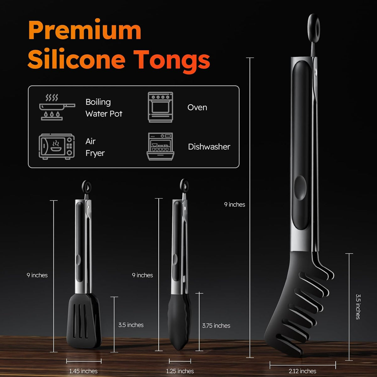 HST Tongs for Cooking with Silicone Tips 3 Pack, Kitchen Tongs (9", Black)