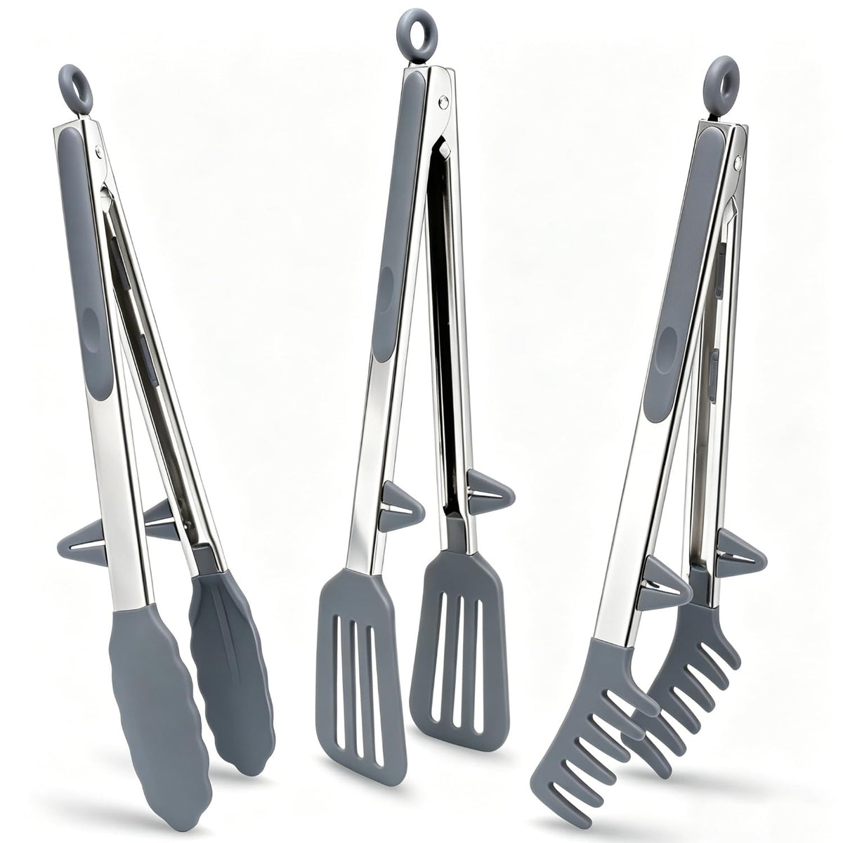 12" Kitchen Tongs for cooking with Silicone Tips, 3Pcs Serving Tongs, Grey
