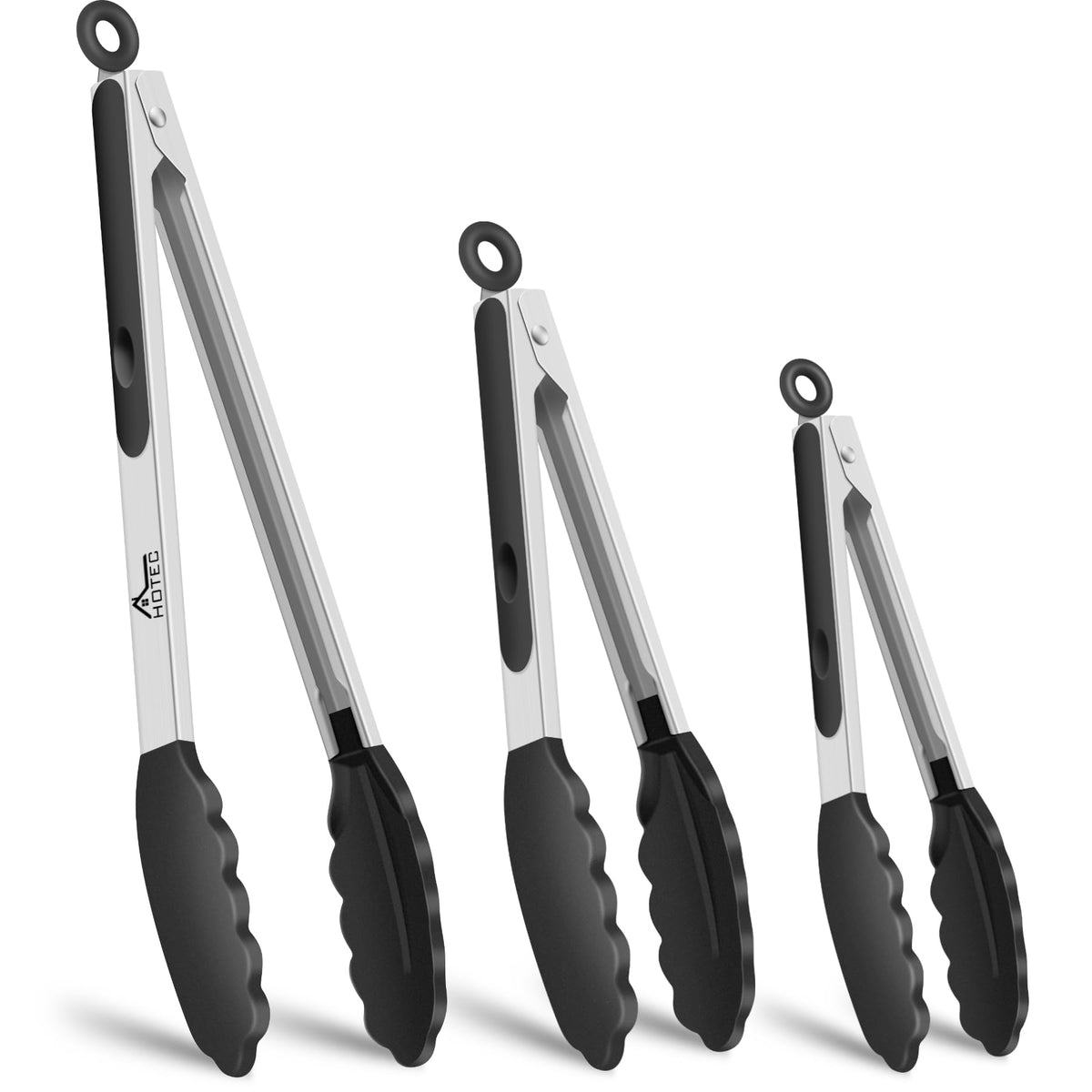 HOTEC Stainless Steel Kitchen Tongs with Silicone Tips, Set of 2-9" and 12"