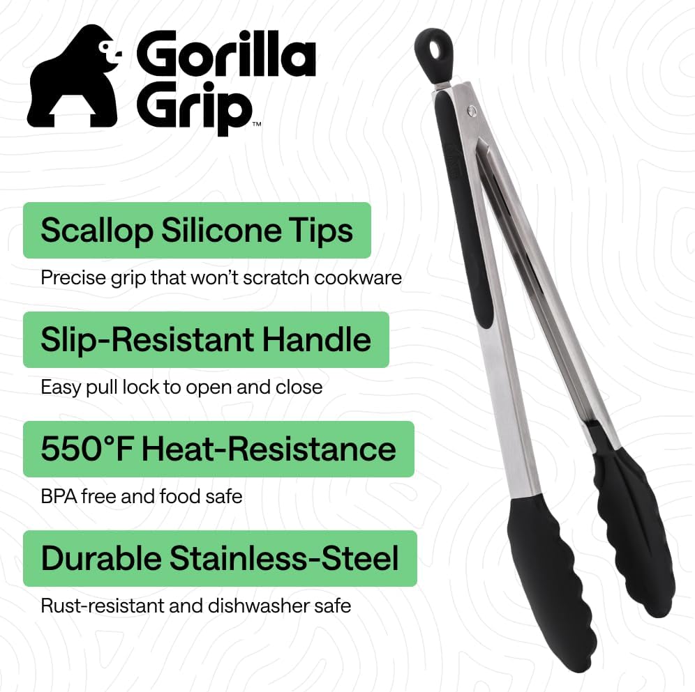 GORILLA GRIP Stainless Steel Kitchen Tongs for Cooking, 2 PK, Black