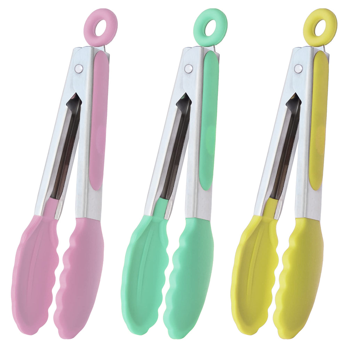 HINMAY Small Serving Tongs with Silicone Tips 7-Inch Mini Tongs, Set of 3 (Pink)