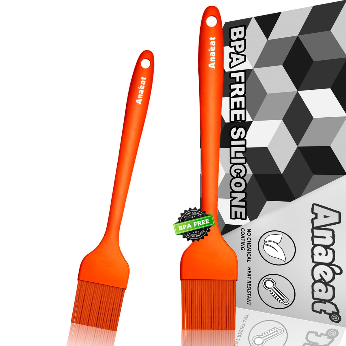 Anaeat High Heat Resistant Silicone Basting Pastry Brush Set of 2- Hygienic One-Pieces Design Spread Oil Butter for BBQ Grill Barbecue Baking Kitchen Cooking - BPA Free & Dishwasher Safe (10"+8.2")