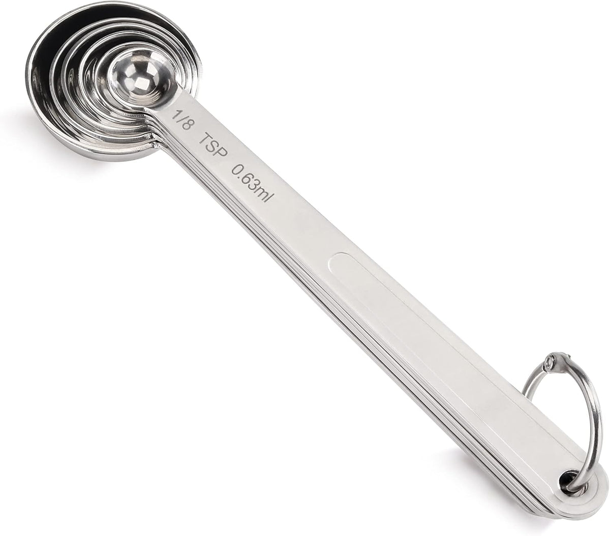 New Star Foodservice 43112 Stainless Steel Measuring Spoons, Set of 6, Round Metal Measuring Spoon Set with Ring Hook for Baking, Cooking, Spices, Wet and Dry Ingredients, Silver