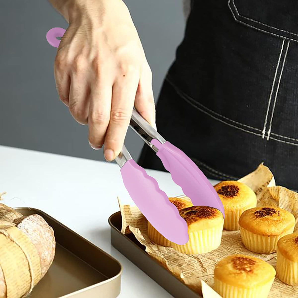 HINMAY Small Serving Tongs with Silicone Tips 7-Inch Mini Tongs, Set of 3 (Pink)