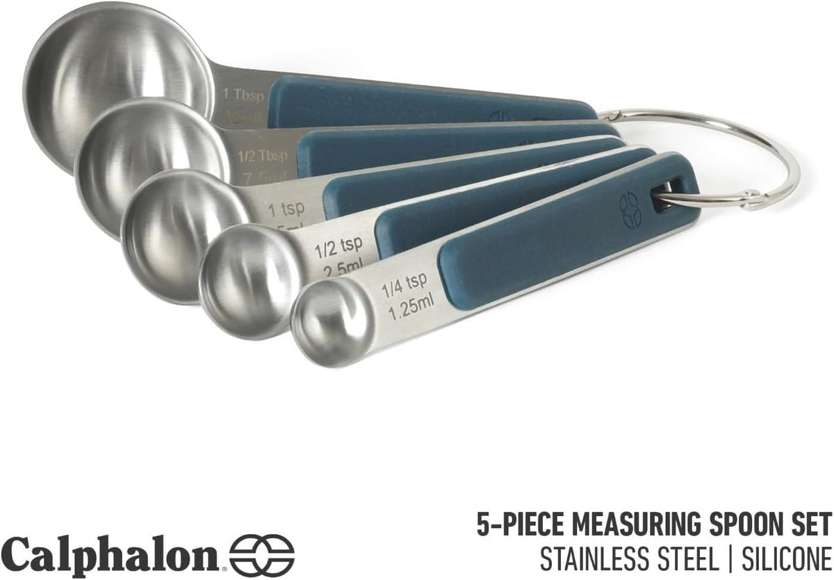 Calphalon Prime Measuring Spoons, Plastic Measuring Spoon Set, 5-Piece Stainless Steel Measuring Spoons Navy Silicone Handle Accurate, Durable for Spices and Small Portions