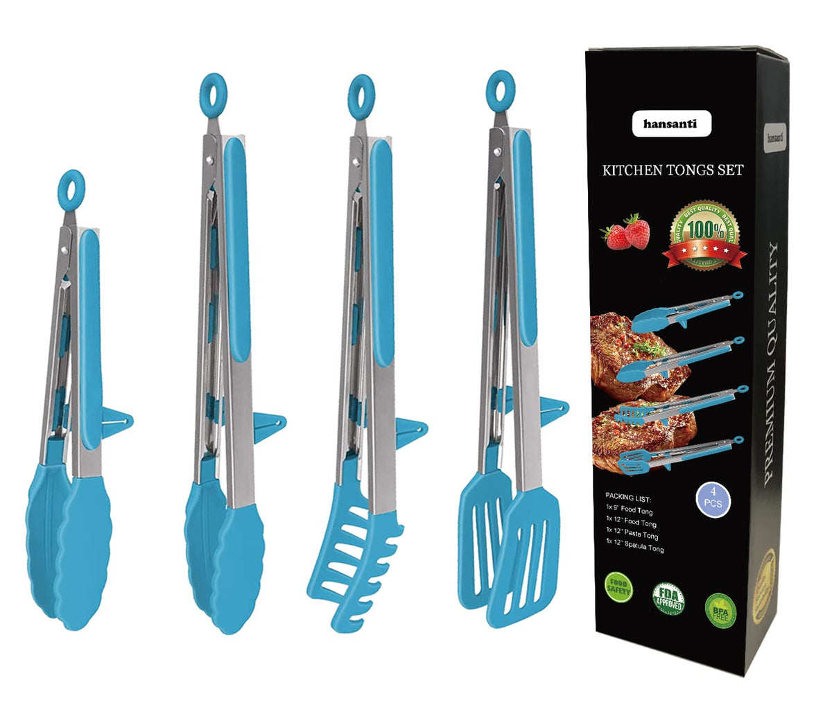 4 Pack Silicone Kitchen Cooking Tongs Set, Stainless Steel Nonstick Food Tong with BPA Free Silicone Tips for Serving Pasta Spaghetti Steak Pie Pizza Salad Vegetable Fruit Grilling BBQ Buffet 9" & 12"