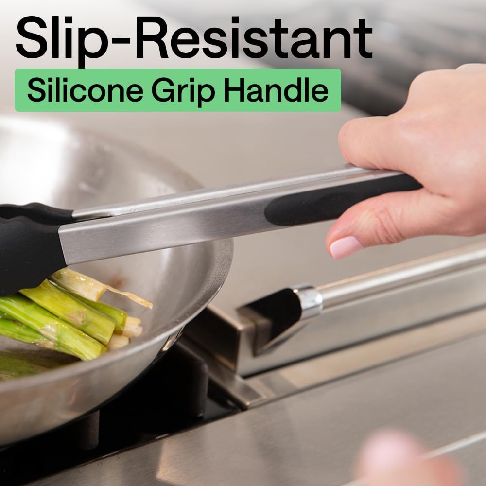 GORILLA GRIP Stainless Steel Kitchen Tongs for Cooking, 2 PK, Black