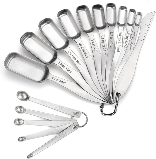 18/8 Stainless Steel Measuring Spoons Set of 16 Pieces, Includes 10 Narrow, 1 Leveler and 5 Mini Spoons