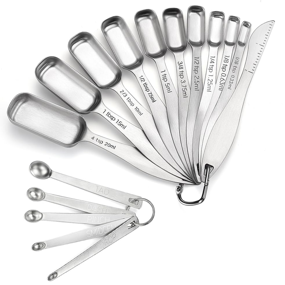 18/8 Stainless Steel Measuring Spoons Set of 16 Pieces, Includes 10 Narrow, 1 Leveler and 5 Mini Spoons