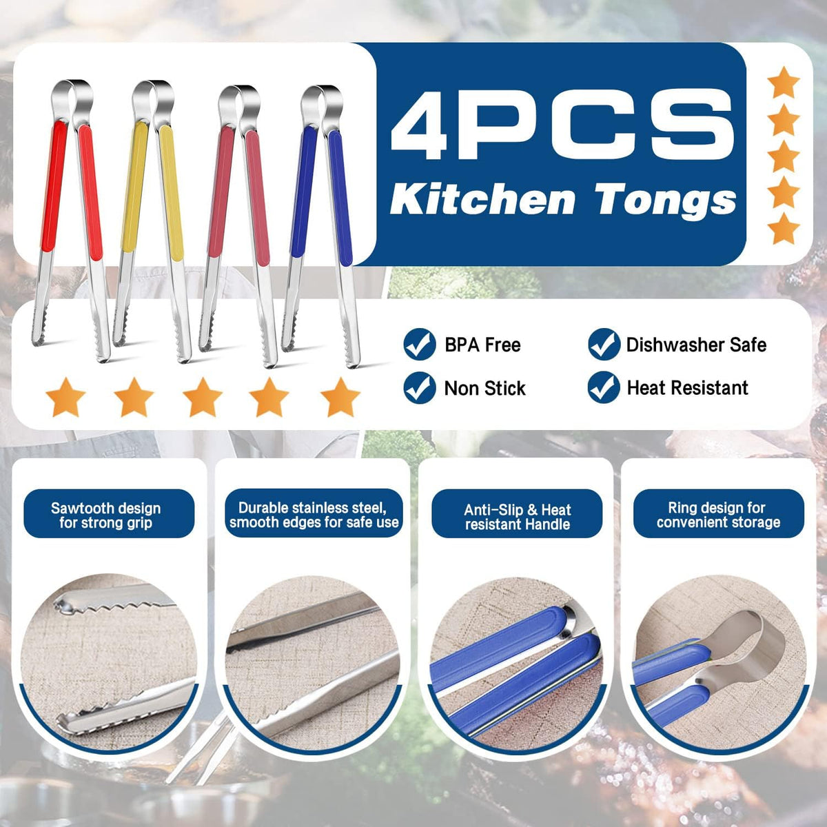 4Pcs Stainless Steel Kitchen Tongs for Cooking - 10" Metal Food Tongs With Non-Slip Comfort Grip, Non-Stick, High Heat Resistant for BBQ, Grilling and Serving