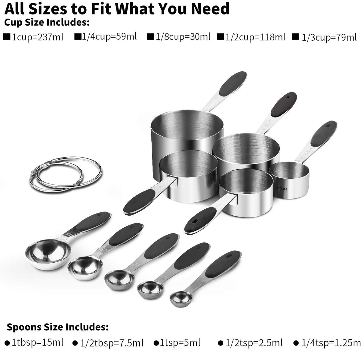 U-Taste Measuring Cups Spoons Set, 18/8 Stainless Steel, 10Pcs, Black