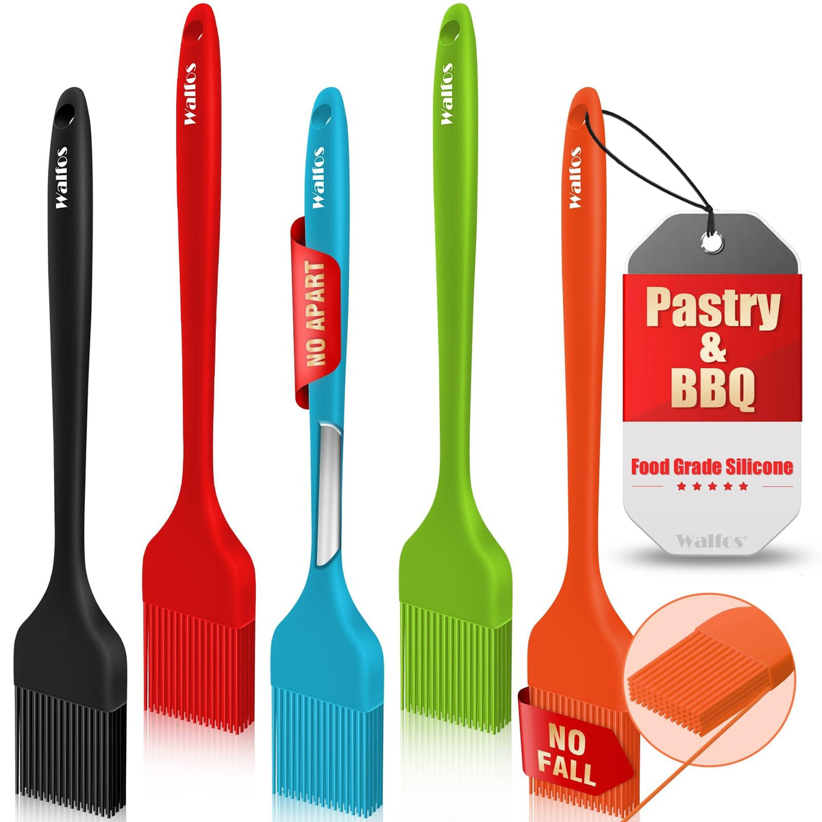 Walfos 600℉ Heat Resistasnt Pastry Brushes, BPA Free Silicone Basting Brush for Cooking, Spread Oil Butter Sauce for Baking Kitchen BBQ Grill, Dishwasher Safe, 2 Size (Large and Samll)