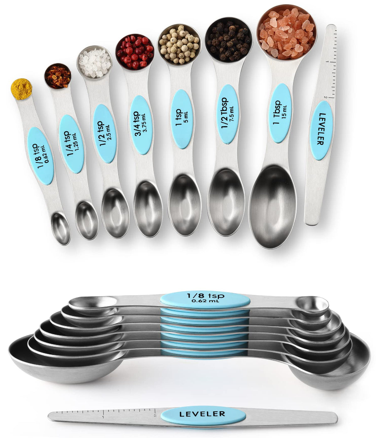 Spring Chef Stainless Steel Magnetic Measuring Spoons Set of 8, Black