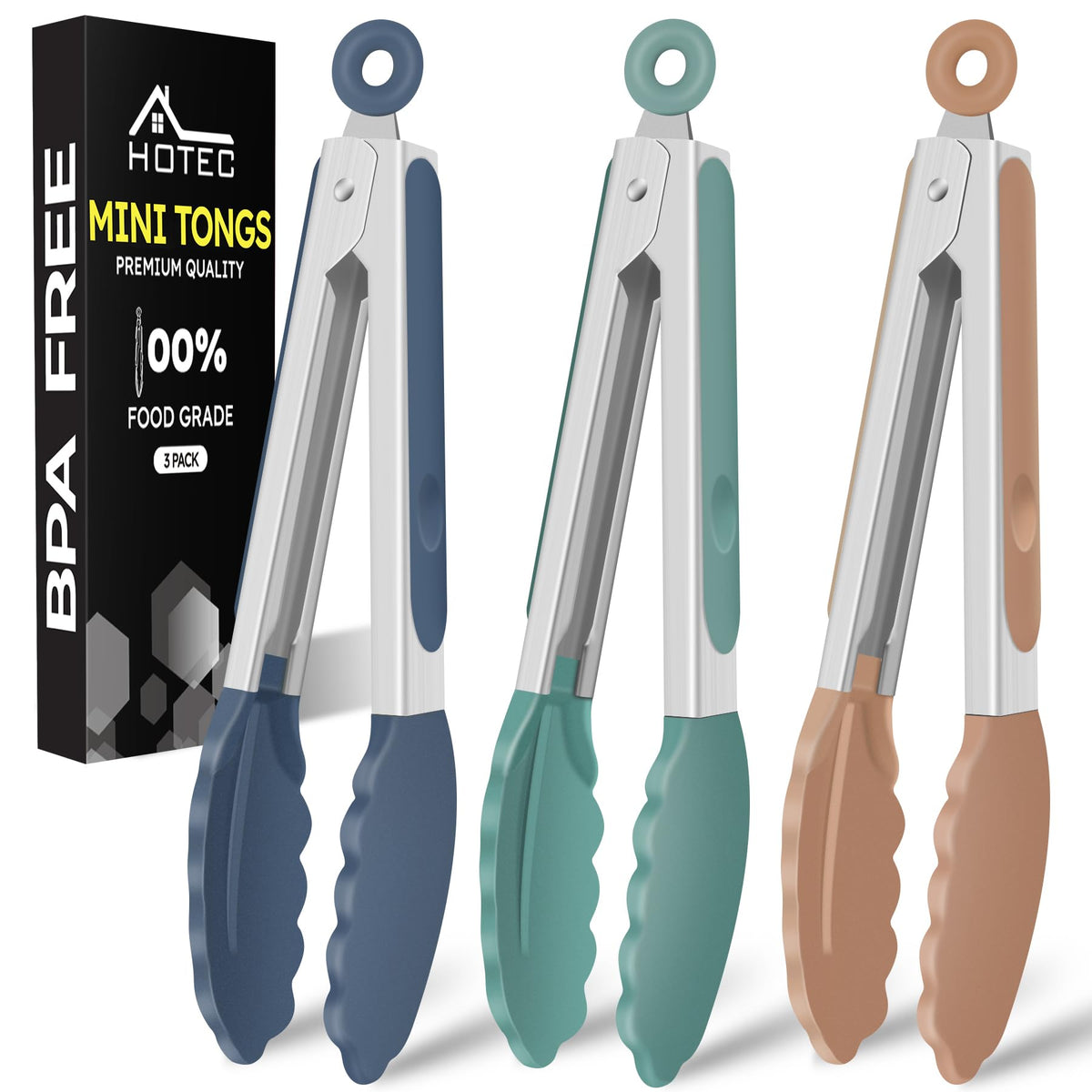 HOTEC Small Silicone Kitchen Tongs 7-Inch Mini Serving Tongs, Set of 3