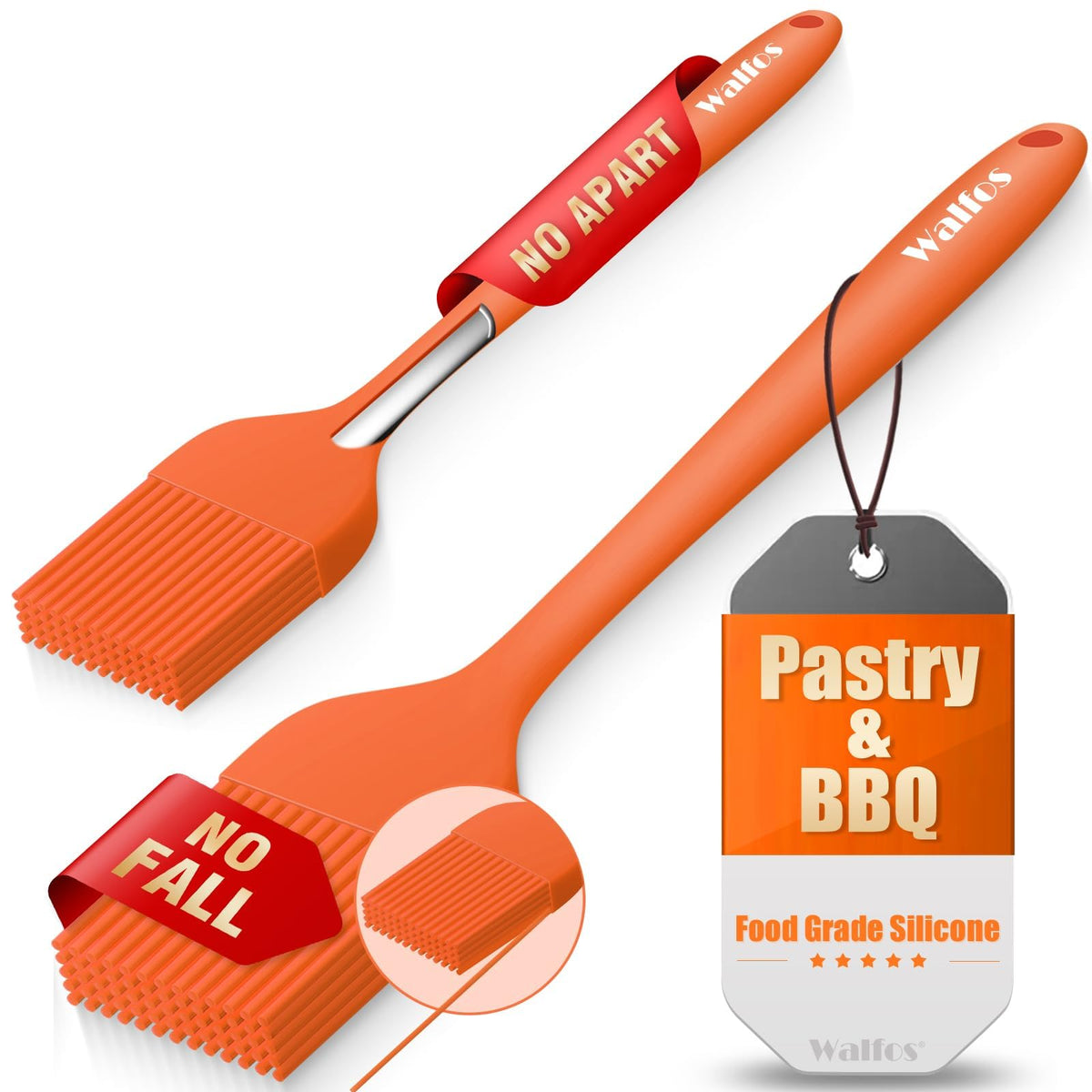 Walfos 600℉ Heat Resistasnt Pastry Brushes, BPA Free Silicone Basting Brush for Cooking, Spread Oil Butter Sauce for Baking Kitchen BBQ Grill, Dishwasher Safe, 2 Size (Large and Samll)