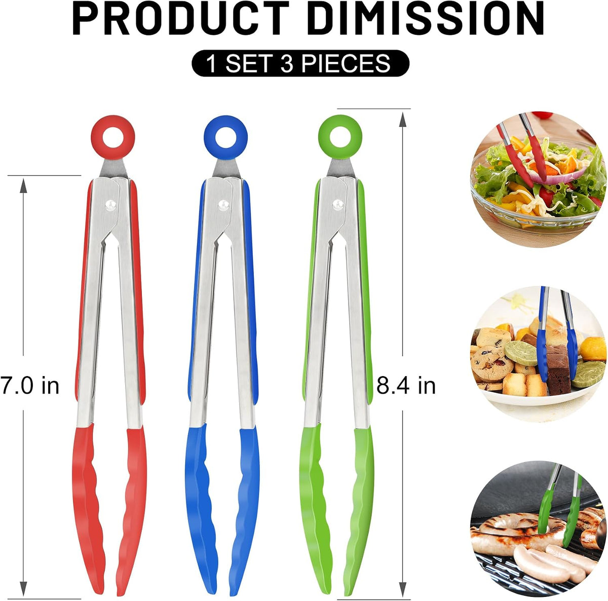 HOTEC Small Silicone Kitchen Tongs 7-Inch Mini Serving Tongs, Set of 3