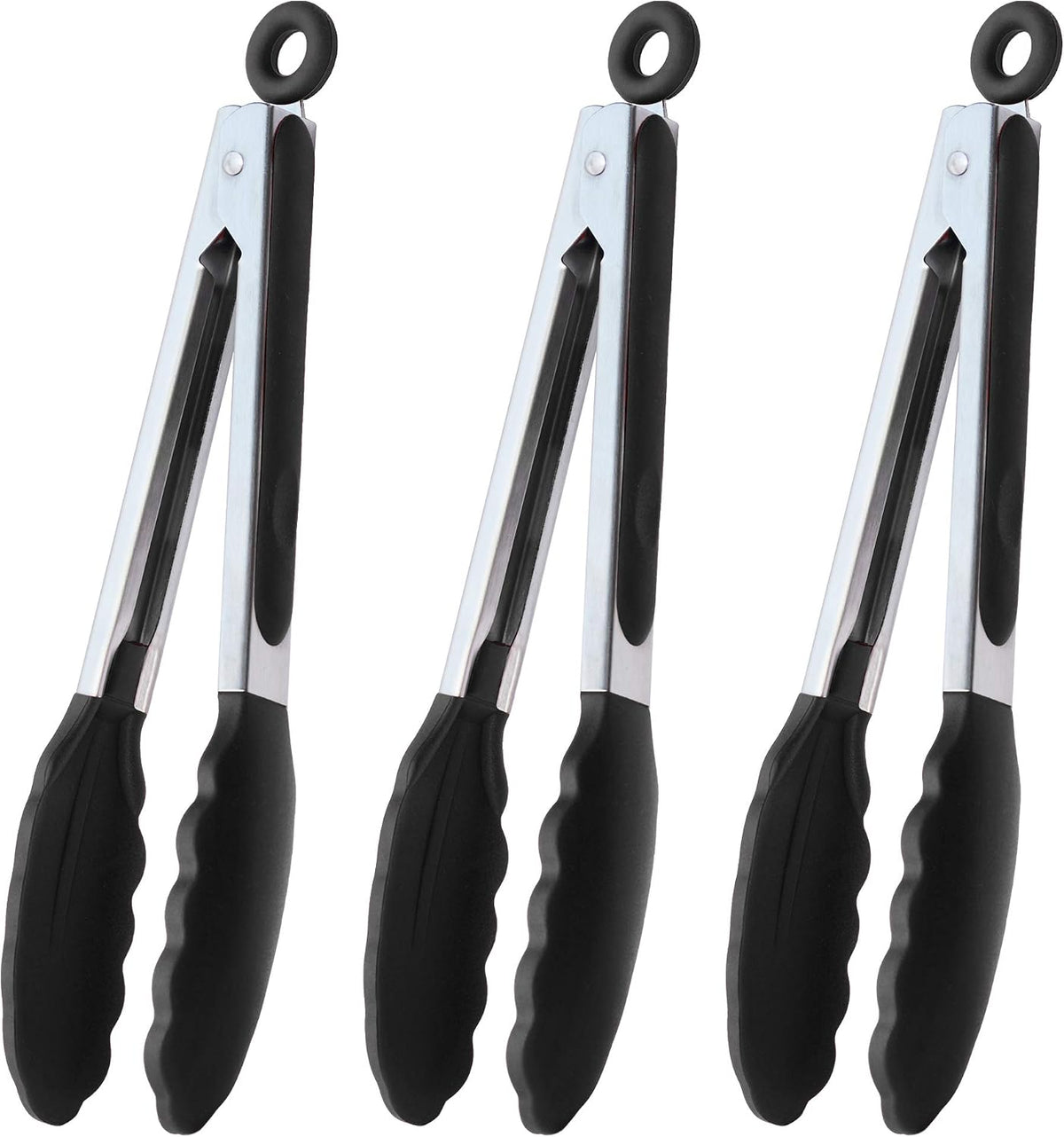 HINMAY Serving Tongs 9" Cooking Tongs with Silicone Tips, Set of 3 (Black)