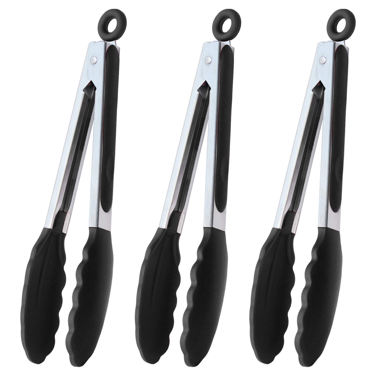HINMAY Serving Tongs 9" Cooking Tongs with Silicone Tips, Set of 3 (Black)
