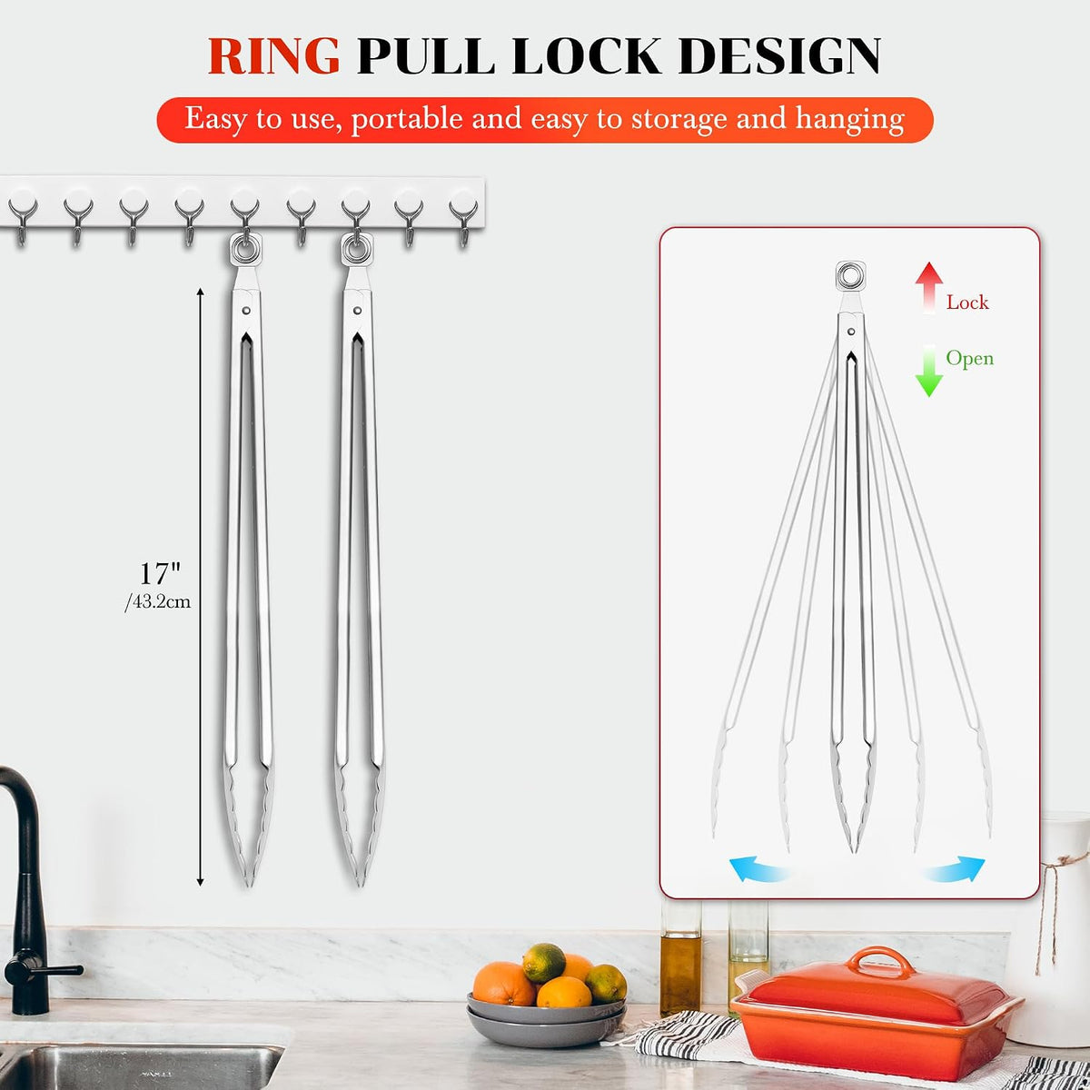 17" Extra Long Metal Tongs,Grilling Tongs,Stainless Steel Tongs for Cooking