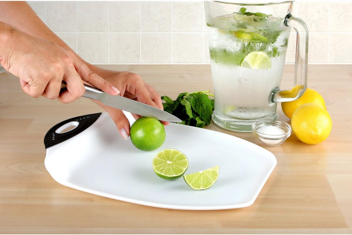 Dexas Chop & Scoop Cutting Board, 9.5 x 13 Inch, White and Black, BPA-Free Dishwasher Safe Kitchen Prep Board with Handle