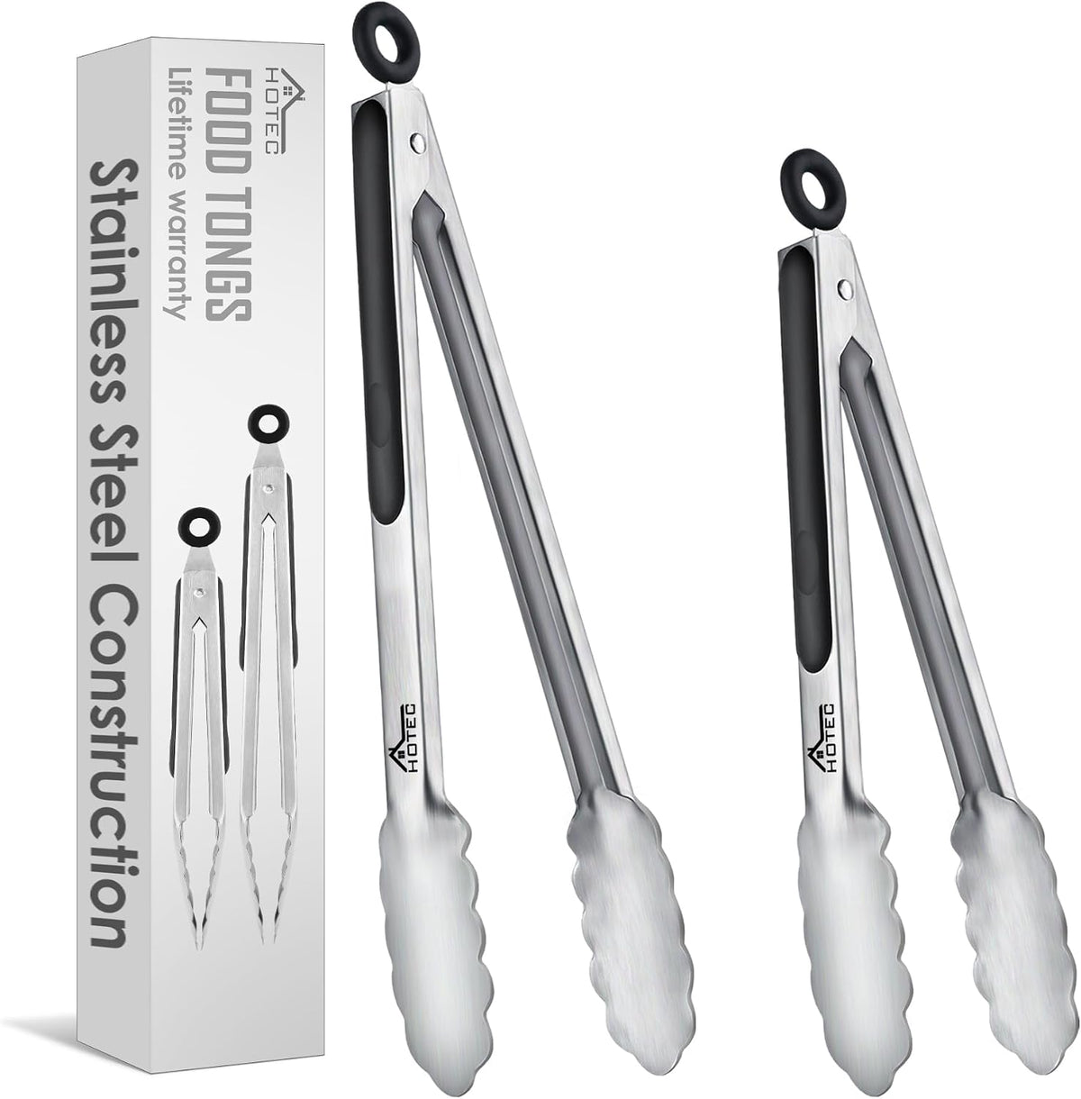 Hotec Tongs for Cooking Stainless Steel Kitchen Tongs Set of 2-9" and 12"