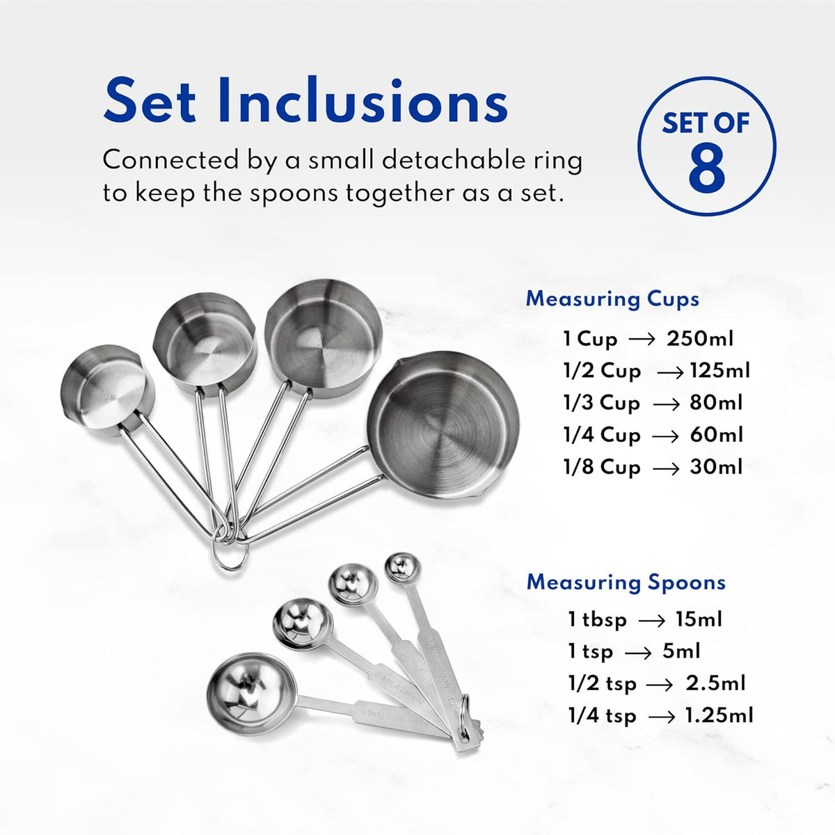 New Star Foodservice 42917 Stainless Steel Measuring Cups and Spoons Set, 8-Piece Metal Measuring Set for Baking, Cooking, Dry and Liquid Ingredients, Restaurant Grade, Silver