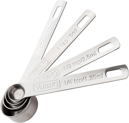 Viking 4-Piece Stainless Steel Measuring Spoons Set, 304 Stainless Steel, Nesting Design with Removable Ring, Dishwasher Safe