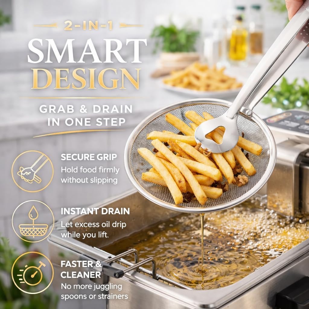 Spider Strainer Tongs 2-in-1 Frying Strainer with Clip Tongs, Stainless Steel Oil Skimmer for Fried Foods, Deep Fry Draining Tool