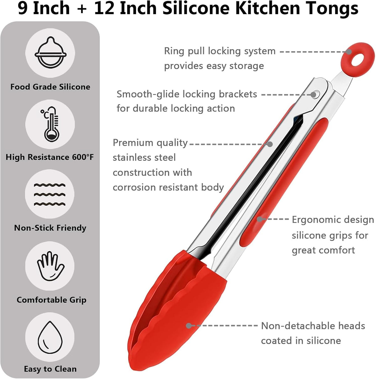 Kitchen Silicone Tongs for Cooking with Non-Slip Silicone Tips, 600°F Heat Resistant Cooking Food Tong Set Heavy Duty Stainless Steel Handle for Baking Grilling BBQ Serving, 2 Pack (9" & 12")