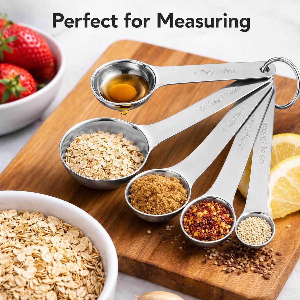 Stainless Steel Measuring Spoons Set of 6, Metal Measuring Spoons with Engraved US & Metric Measurements, Stackable with Ring Connector, Dishwasher Safe for Baking & Cooking