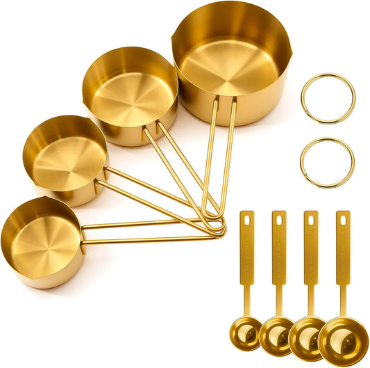 Gold 304 Stainless Steel Measuring Cup and Spoon Set, Stackable, 8-Piece, Long Handle for Narrow Bottles, Premium Gold Kitchen Utensils for Cooking and Mothers Day Gift