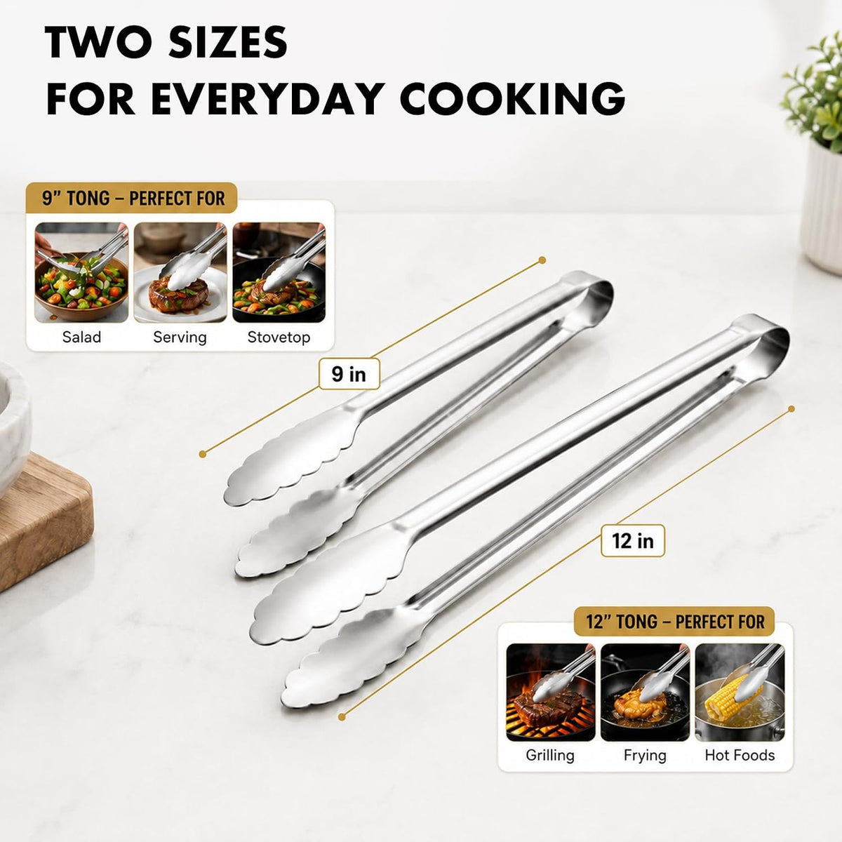 OYV Seamless Tongs for Cooking, One-Piece Design, Durable Heat Resistant Stainless Steel Tongs for Kitchen, Grill, BBQ, Salad, Dishwasher Safe, Metal Tongs Set (12" & 9")