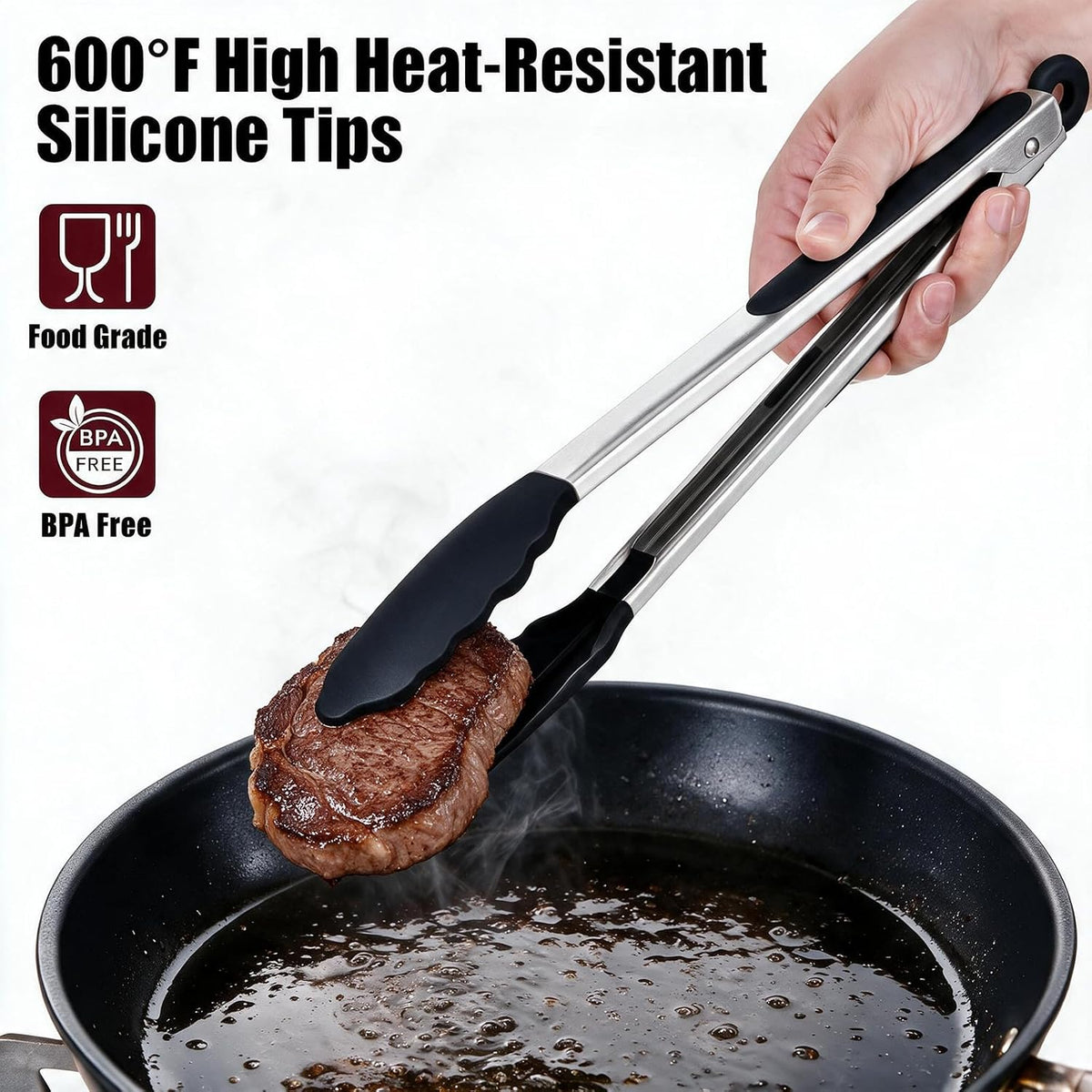 Kitchen Tongs with Silicone Tips, Cooking Tong Set 7/9/12 in and Oil Brush
