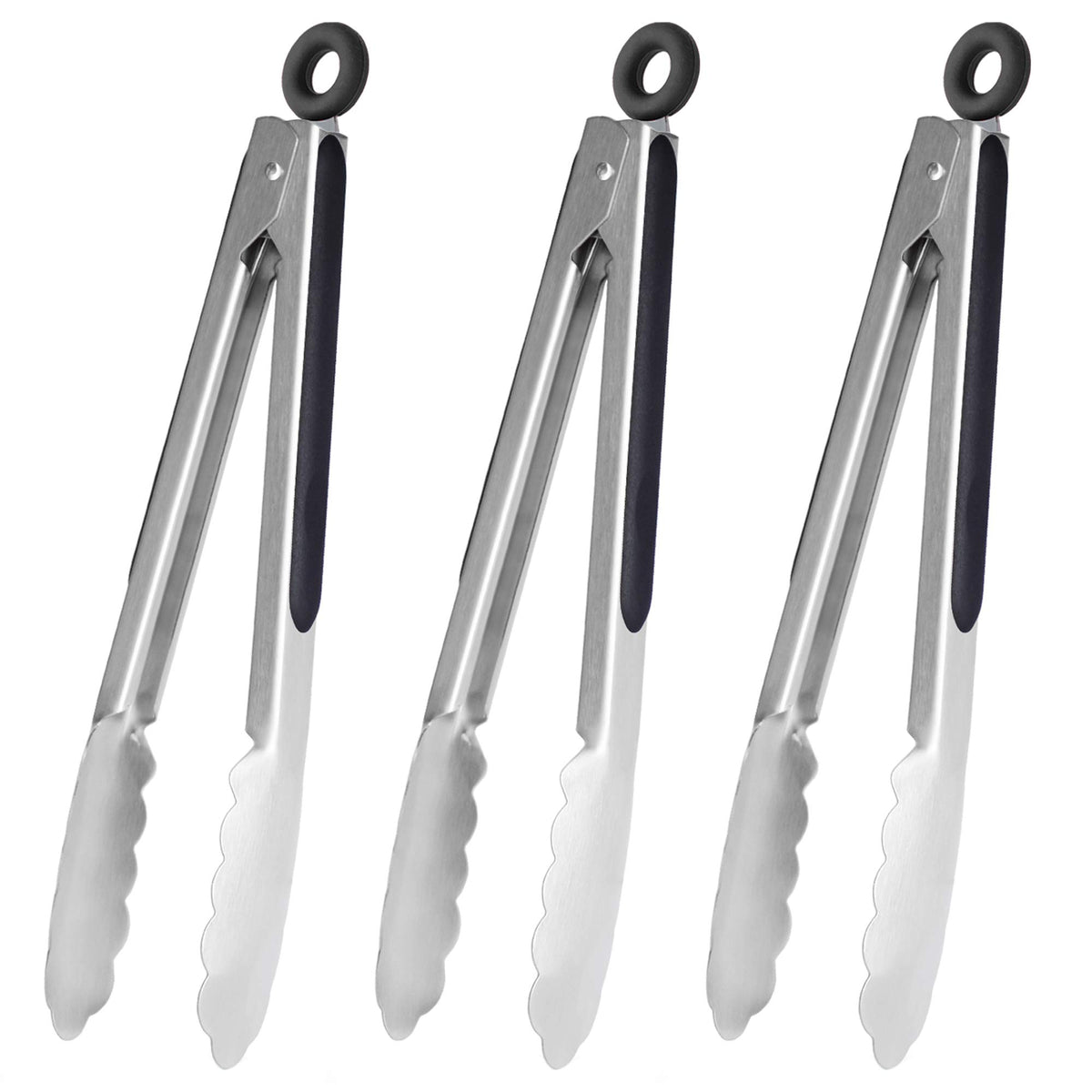 HINMAY Serving Tongs 9" Cooking Tongs with Silicone Tips, Set of 3 (Black)