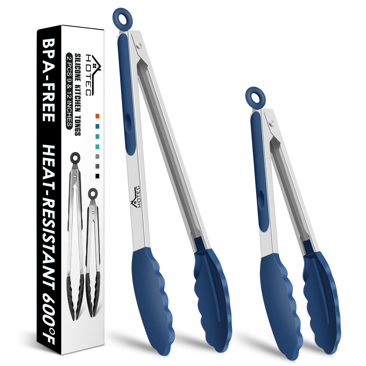 HOTEC Stainless Steel Kitchen Tongs with Silicone Tips, Set of 2-9" and 12"