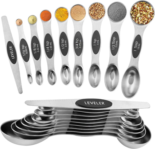 Magnetic Measuring Spoons Set Stainless Steel with Leveler, Dual-Sided Metal Measuring Spoons for Baking & Cooking, Fits in Spice Jars, Must-have Kitchen Gadgets, 8 Measuring Spoons & 1 Leveler, Black