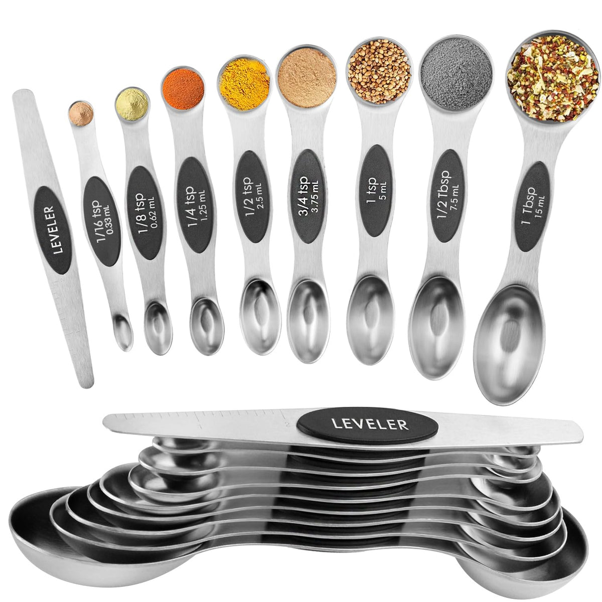 Magnetic Measuring Spoons Set of 9 with Leveler, Color-Coded Dual Sided Stainless Steel Measuring Spoon Set, Stackable Teaspoon and Tablespoon Set for Baking, Cooking, Kitchen Gadgets Dishwasher Safe
