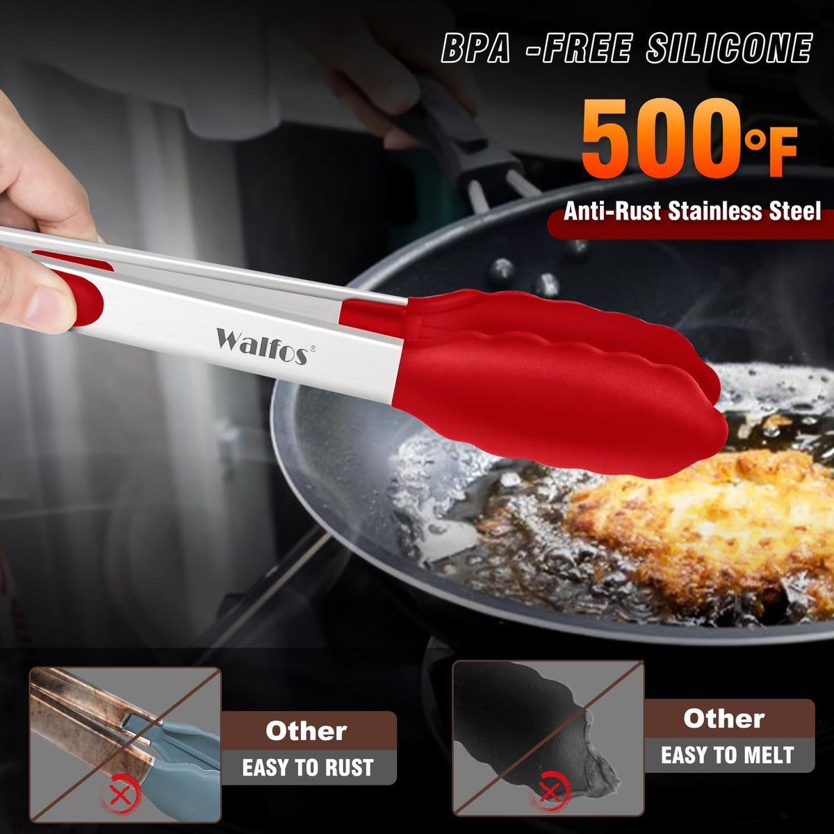 Walfos Silicone Tongs for Cooking - Heat Resistant kitchen tongs for Salad,Cooking, Grilling,Stainless Steel and BPA Free Silicone Tips set of 3 (7" 9" and 12 inch)