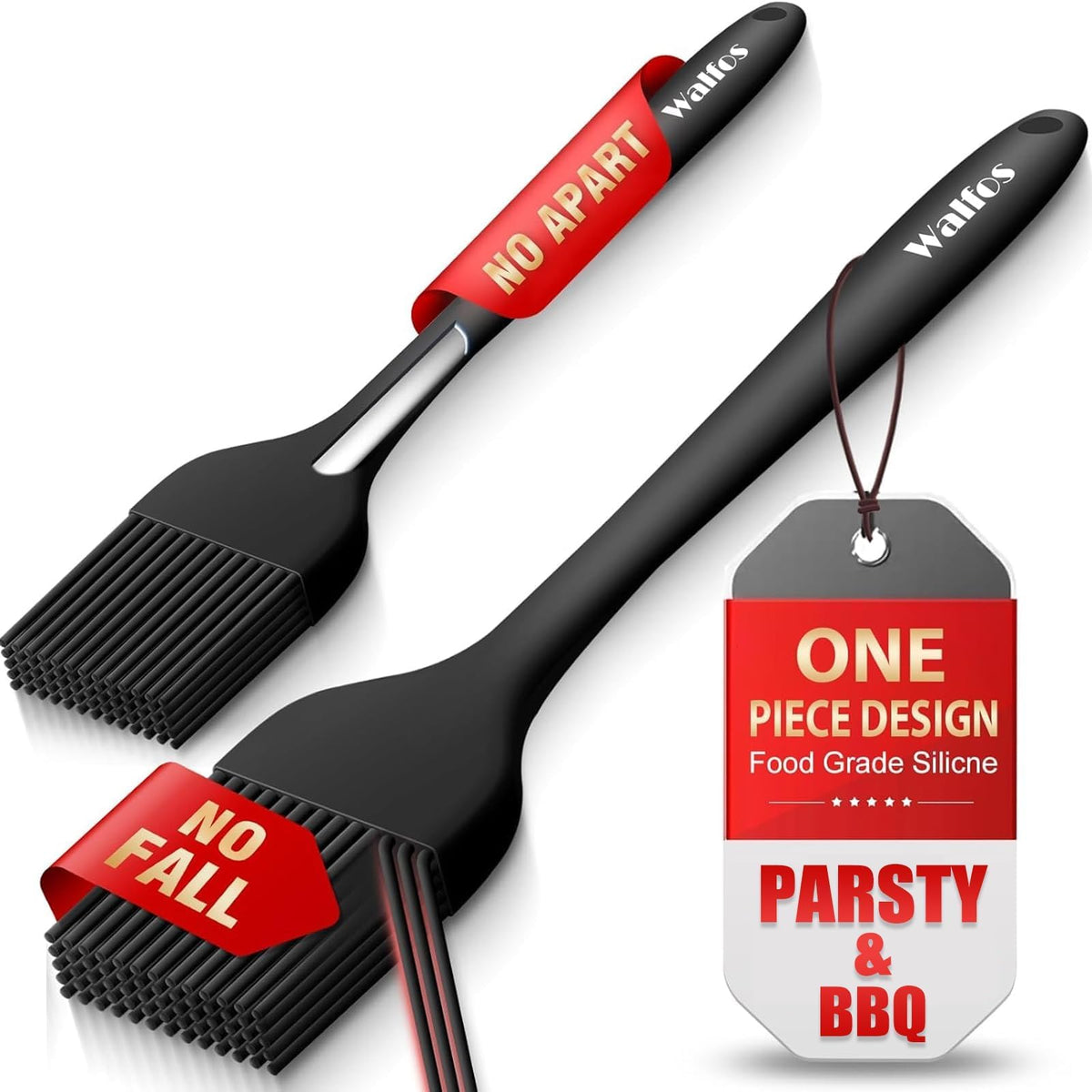 Walfos 600℉ Heat Resistasnt Pastry Brushes, BPA Free Silicone Basting Brush for Cooking, Spread Oil Butter Sauce for Baking Kitchen BBQ Grill, Dishwasher Safe, 2 Size (Large and Samll)