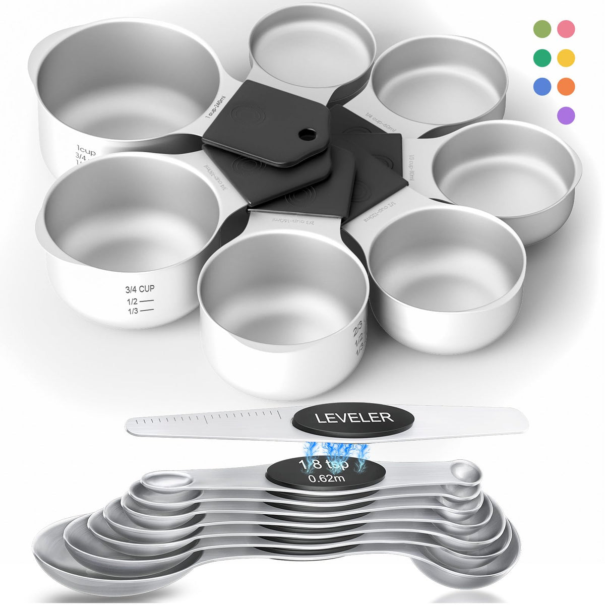 Premium Magnetic Measuring Spoons Set|Strong N52 Magnets|Heavy Duty Stainless Steel|Dual-Sided for Spice Jar & Liquid Measuring|Dishwasher Safe|7 Spoons with Leveler for Baking & Cooking (Colorful)