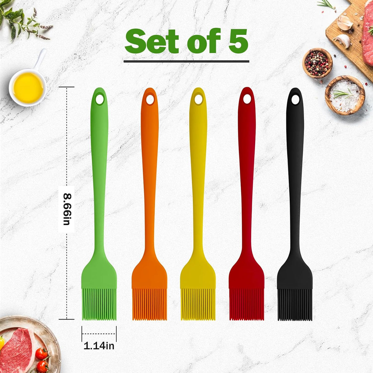 Craebuer Silicone Basting Pastry Brushes, 5 Pack Heat Resistant Cooking Brush for Oil Butter Sauce, Food Brush for BBQ Grill Barbeque Kitchen Baking Cooking