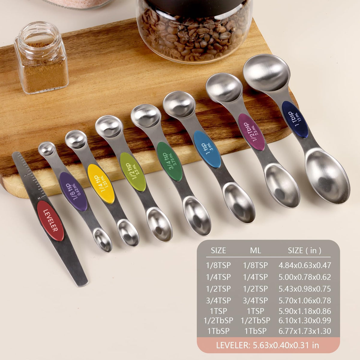 ChefAide Set of 8 Magnetic Measuring Spoons, Stainless Steel, Dual Sided