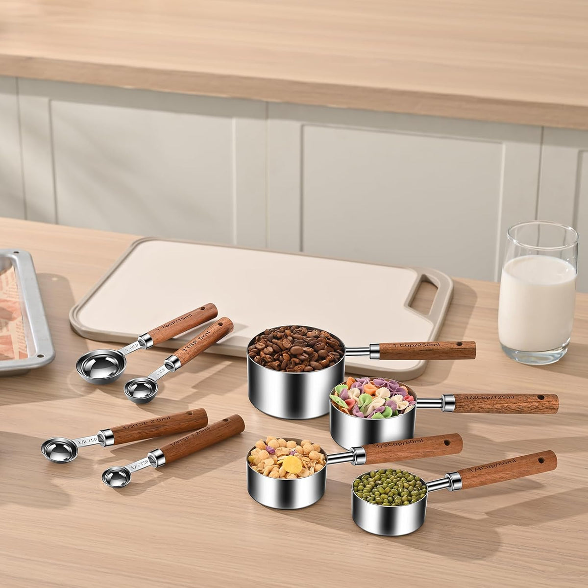 Wooden Handle Measuring Cups & Spoons Set 8-Piece – Stainless Steel, Stackable, Rustic Farmhouse Kitchen Gadgets, Non-Toxic, Dishwasher Safe, Gift for Bakers & New Homeowners.