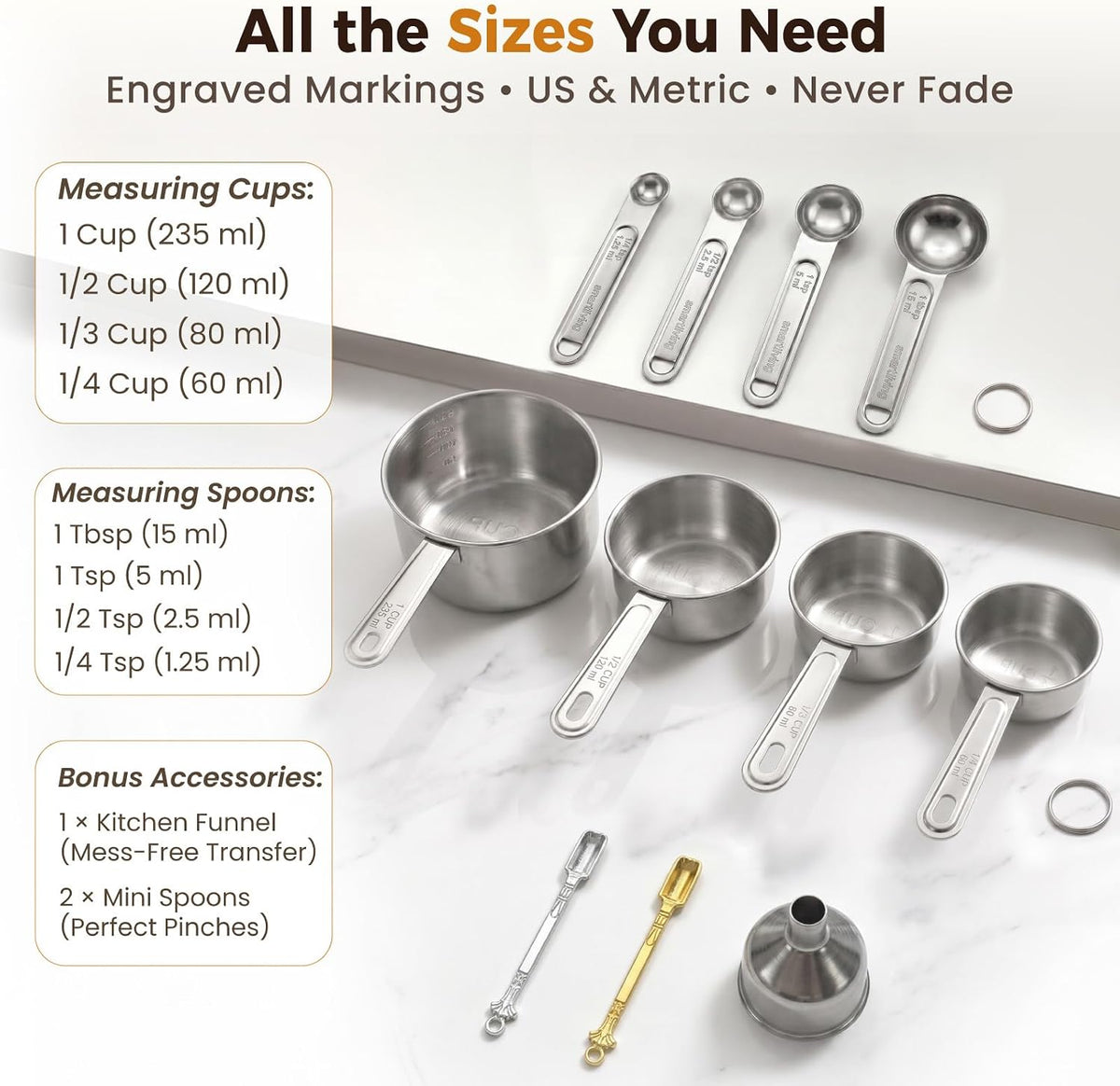 11 PCS Measuring Cups and Spoons Set with Funnel & Mini Spoons for Baking
