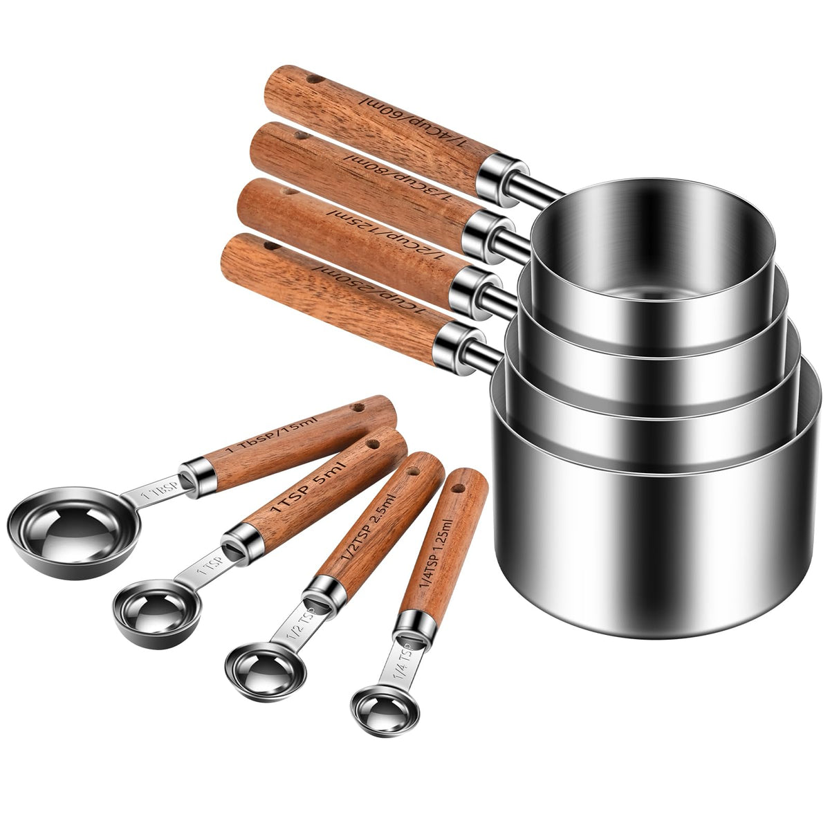 Wooden Handle Measuring Cups & Spoons Set 8-Piece – Stainless Steel, Stackable, Rustic Farmhouse Kitchen Gadgets, Non-Toxic, Dishwasher Safe, Gift for Bakers & New Homeowners.