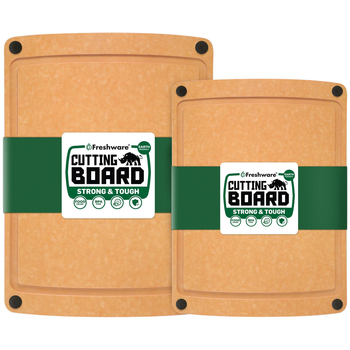 Freshware Wood Cutting Boards for Kitchen, Juice Groove, Non-Slip Silicone Feet, Dishwasher Safe, Medium 12" x 9" and Large, 15" x 11.25", Set of 2, Natural