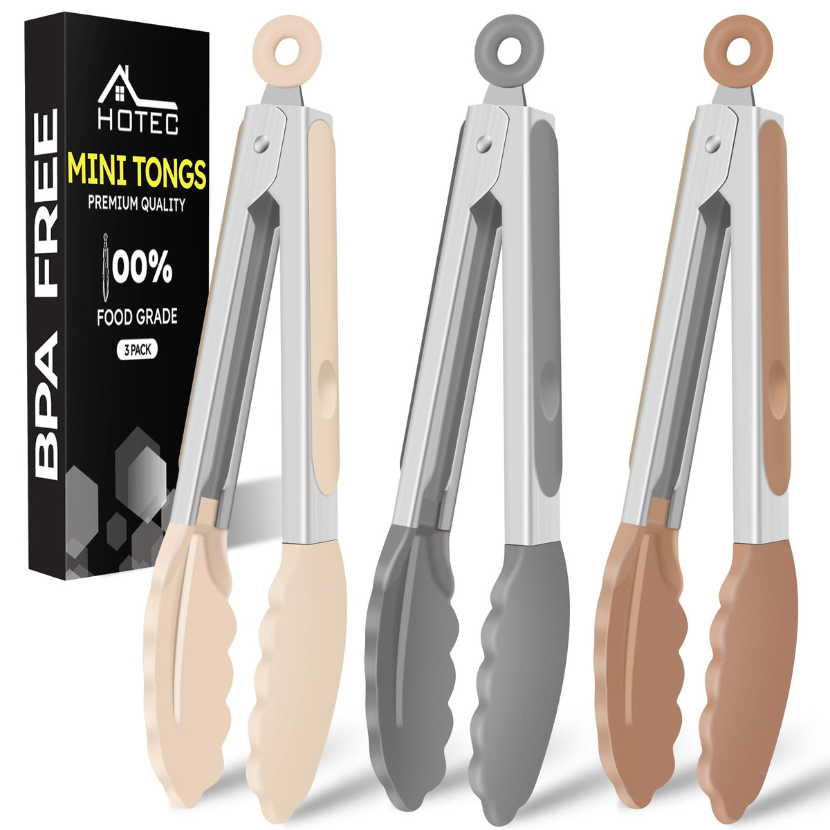 HOTEC Small Silicone Kitchen Tongs 7-Inch Mini Serving Tongs, Set of 3