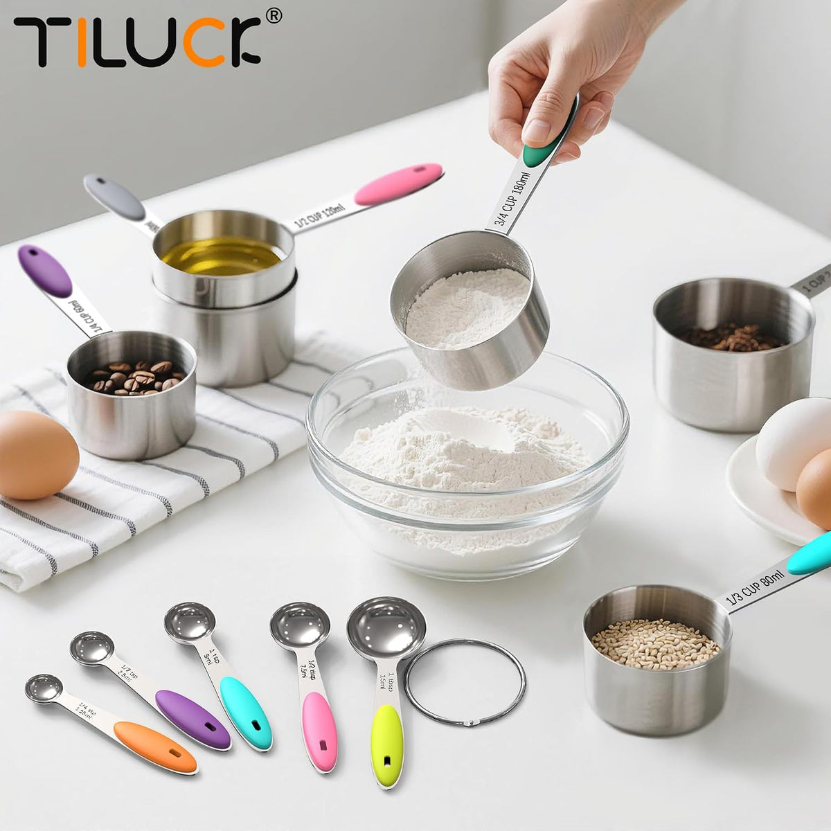 TILUCK Nesting Measuring Cups and Spoons Set, Stainless Steel with Soft Silicone Handle – Heavy Duty & Dishwasher Safe for Measuring Dry/Liquid Ingredients, Ideal for Cooking & Baking (10)