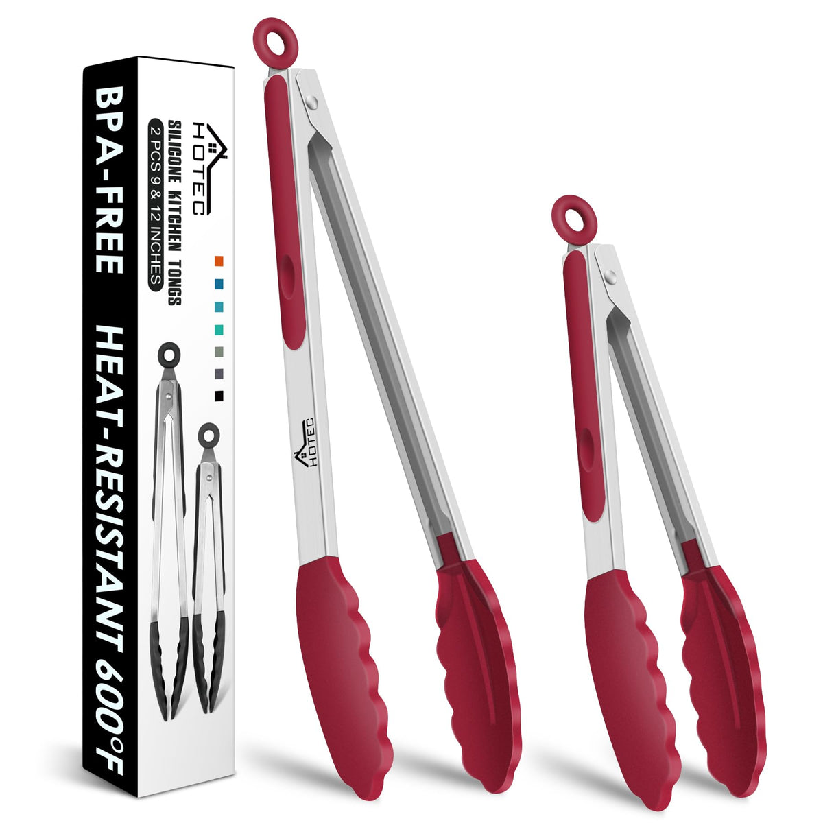 HOTEC Stainless Steel Kitchen Tongs with Silicone Tips, Set of 2-9" and 12"