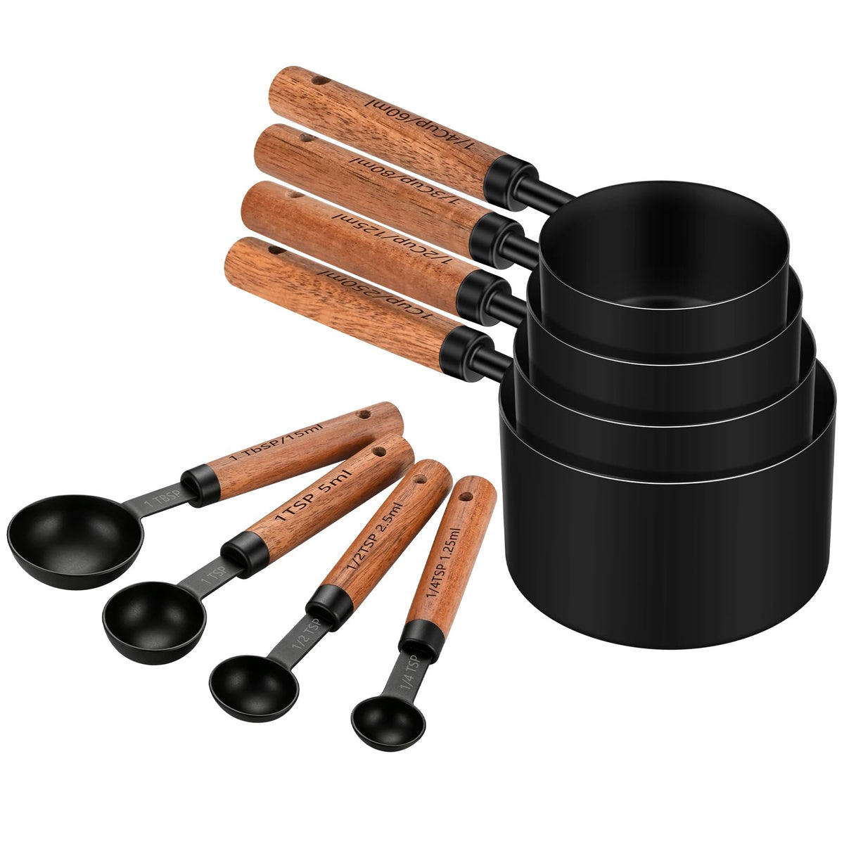 Wooden Handle Measuring Cups & Spoons Set 8-Piece – Stainless Steel, Stackable, Rustic Farmhouse Kitchen Gadgets, Non-Toxic, Dishwasher Safe, Gift for Bakers & New Homeowners.